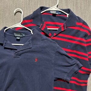 Lot of 2 Mens Polo Ralph Lauren Shirts Large Navy Blue Solid and Striped Polo